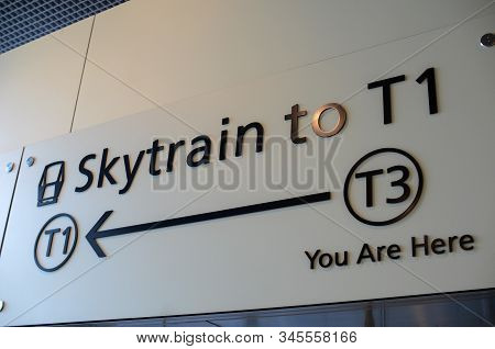 Singapore- 23 Nov, 2019: Sign Of Changi Airport Skytrain At Changi Airport. The Changi Airport Skytr
