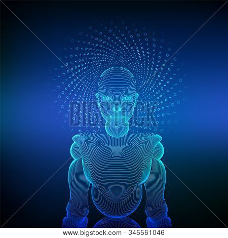 Wireframe Female Cyborg Or Robot. Abstract Cyber Woman. Sci-fi Cybernetic Robot With Ai. Machine Lea