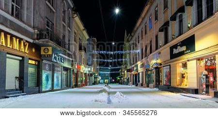 Uzhhorod, Ukraine - 06 Jan, 2019: Christmas Night Scenery Of Uzhgorod. Colorful Glowing Decorative I