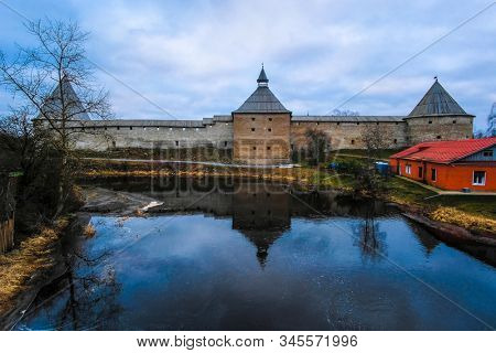 landscape with a picture of a fortress in Staraya Ladoga, Russia