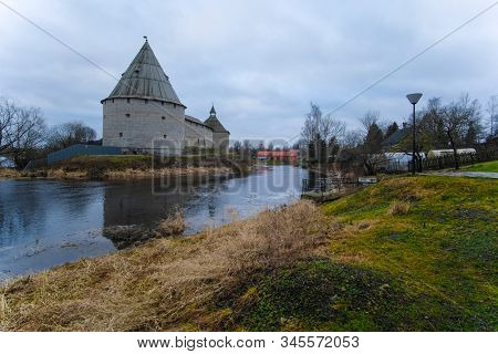 landscape with a picture of a fortress in Staraya Ladoga, Russia