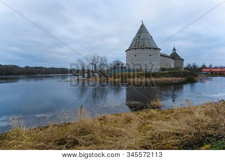 landscape with a picture of a fortress in Staraya Ladoga, Russia