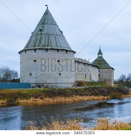 landscape with a picture of a fortress in Staraya Ladoga, Russia
