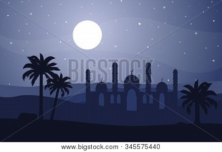 Night Desert Islamic Mosque Date Palm Tree Arabian Landscape Illustration