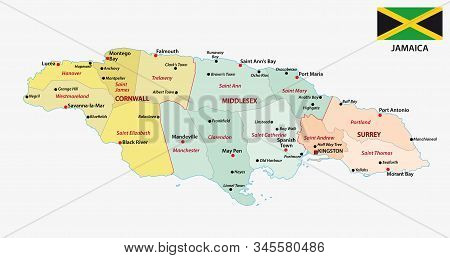 Jamaica Administrative Map With Flag And Main Cities