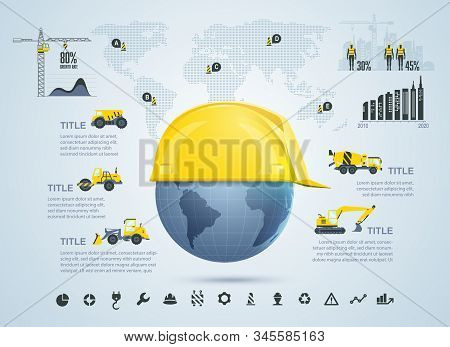 Graphic Of Global Construction Industry Infographics And Icons, Engineer Cap With Globe