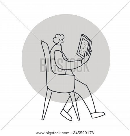 Adult Person Sitting In The Chair At Her Tablet. Senior Woman Reading An Electronic Book. Vector Ill