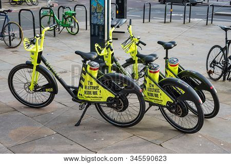 London, Uk - Jan 16, 2020:  Dockless Electric Rental Bikes On London Foot Paths