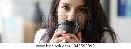 Woman Hold Black Paper Moog With Coffee Drink Portriat. Morning Energy Concept