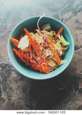 Vegetarian Asian Vegetable Salad Served In A Bowl In Japanese Restaurant, Healthy Diet Food