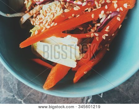 Vegetarian Asian Vegetable Salad Served In A Bowl In Japanese Restaurant, Healthy Diet Food