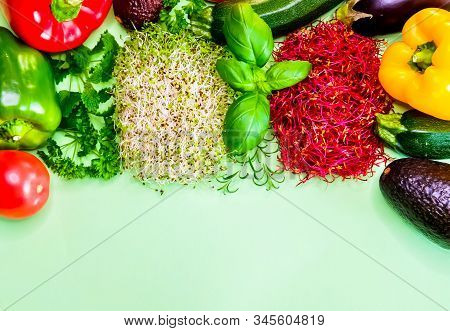 Fresh Colorful Bio Vegetables And Herbs, Bell Pepper, Micro Green, Avocado, Tomato, Beetroot On Past