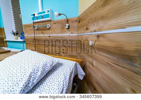 Hospital Ward With Beds And Medical Equipment Ready For Intensive Recovery, Modern Technology. Woode