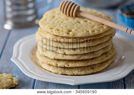 Moroccan Pancakes Baghrir Or Beghrir Or Crapes Can Also Be Named Lahoh With 1000 Holes Served With H