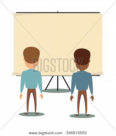 People Are Looking At The Empty Poster On Wall - Back View. Stock Flat Vector Illustration.