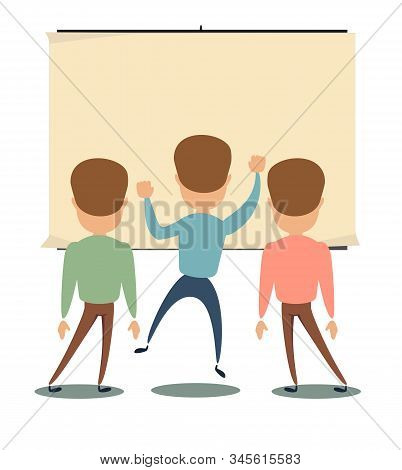People Are Looking At The Empty Poster On Wall - Back View. Stock Flat Vector Illustration.