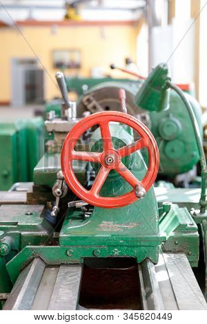 Frame And Tailstock And Old Green Lathe Machine Tool Equipment.