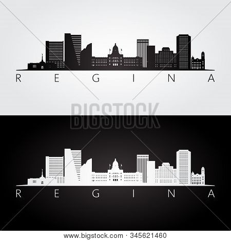 Regina Skyline And Landmarks Silhouette, Black And White Design, Vector Illustration.