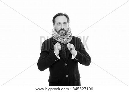 Winter Is Coming. Get Ready For Frosty Days. Mature Fashion Model Enjoy Cold Weather. Bearded Man Ac