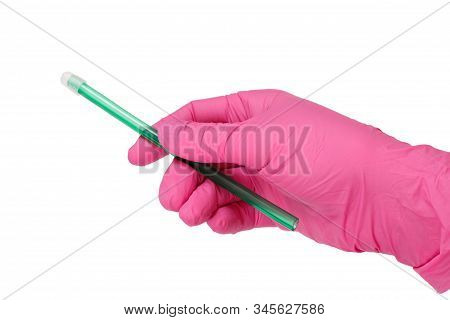 Dentists Hand In Glove With A Saliva Ejector.