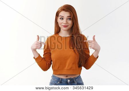 Why Not Pick Me. Cute Stylish Urban Young Redhead Sassy Woman Long Red Haircut Pointing Herself Cetn
