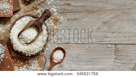 Basmati Rice In A Bowl With A Spoon Close Up