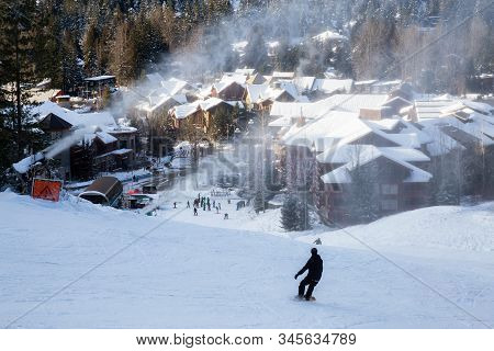 View From Above Of Creekside Village During A Sunny Winter Day. Taken From Whistler Mountain, Britis