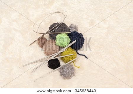 Set For Knitting Yarn In A Ball And Knitting Needles. Stock Photo.