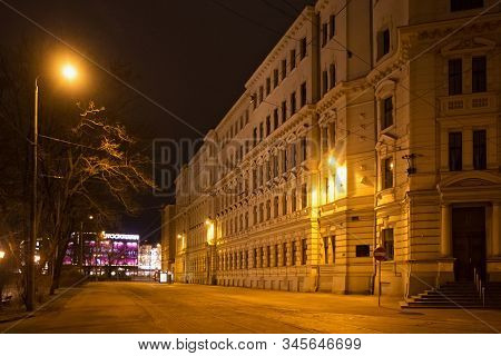 Riga, Latvia - January 14, 2018: Night Winter View Of The Old Historical Buildings In Central Part O