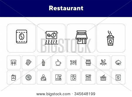 Restaurant Icons. Set Of Line Icons On White Background. Menu, Coffee Maker, Course, Client. Cafe Co