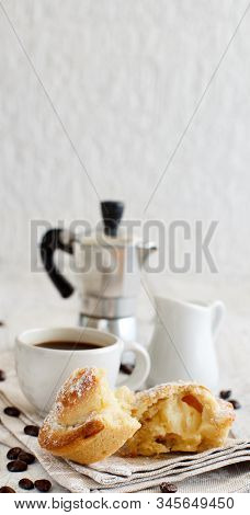 Cup Of Coffee With Pasticciotto Pastry On A Rustic Background Close Up