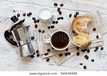 Cup Of Coffee With Pasticciotto Pastry On A Rustic Background Close Up