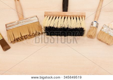 A Large Set Of Different Construction Brushes. Stock Photo Set Of Brushes For Varnishing And Primer,