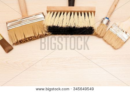 A Large Set Of Different Construction Brushes. Stock Photo Set Of Brushes For Varnishing And Primer,