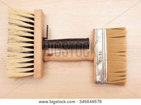 A Large Set Of Different Construction Brushes. Stock Photo Set Of Brushes For Varnishing And Primer,