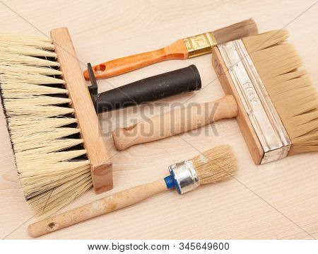 A Large Set Of Different Construction Brushes. Stock Photo Set Of Brushes For Varnishing And Primer,