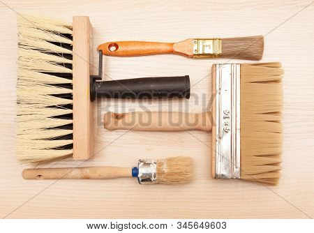A Large Set Of Different Construction Brushes. Stock Photo Set Of Brushes For Varnishing And Primer,