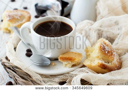 Cup Of Coffee With Pasticciotto Pastry On A Rustic Background Close Up