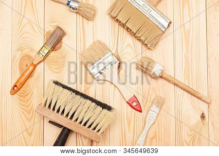 A Large Set Of Different Construction Brushes. Stock Photo Set Of Brushes For Varnishing And Primer,