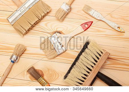A Large Set Of Different Construction Brushes. Stock Photo Set Of Brushes For Varnishing And Primer,