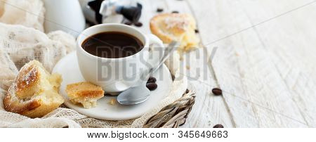 Cup Of Coffee With Pasticciotto Pastry On A Rustic Background Close Up