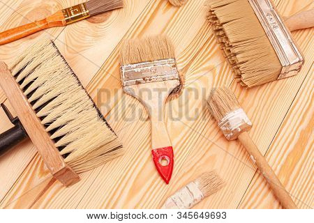 A Large Set Of Different Construction Brushes. Stock Photo Set Of Brushes For Varnishing And Primer,