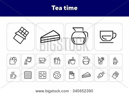 Tea Time Icons. Set Of Line Icons. Cheesecake Slice, Bar Of Chocolate, French Press. Tea Break Conce