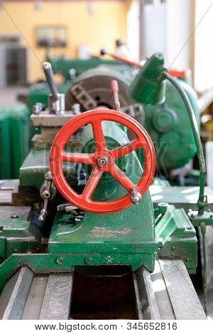 Frame And Tailstock And Old Green Lathe Machine Tool Equipment.