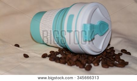 Blue Reusable Cup Transformer For Coffee And Drinks Take Away Made Of Food Silicone. Repeated Proces