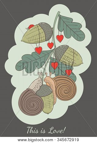 Vector Illustration Of Two Pritty Snails On An Oak Branch With Leaves And Hearts
