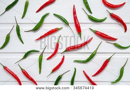 Flat Lay Red Hot Chillii Peppers Pattern Isolated On White With Clipping Path. Red Chili Peppers Wal