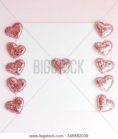 Background With Copy Space Blank On Pink Background With Pink Glittered Hearts, Eucalyptus Branch. W