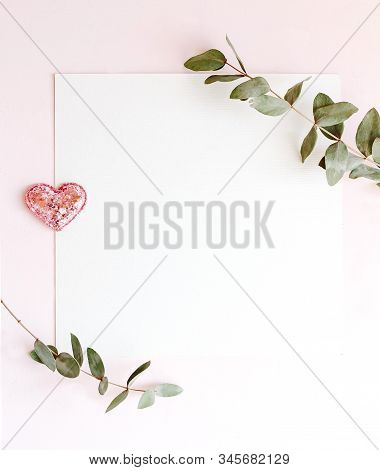 Background With Copy Space Blank On Pink Background With Pink Glittered Hearts, Eucalyptus Branch. W