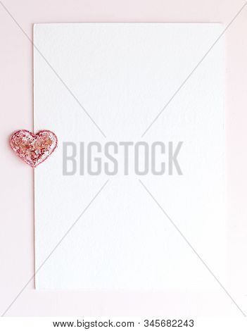 Background With Copy Space Blank On Pink Background With Pink Glittered Hearts, Eucalyptus Branch. W